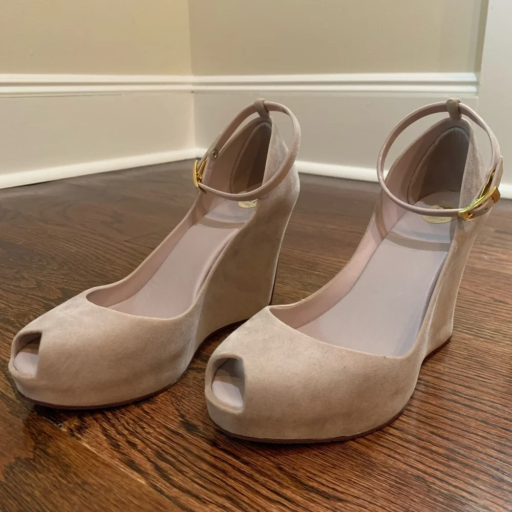Melissa Beige/Taupe Suede Peep-Toe Wedge Sandals with Ankle Strap